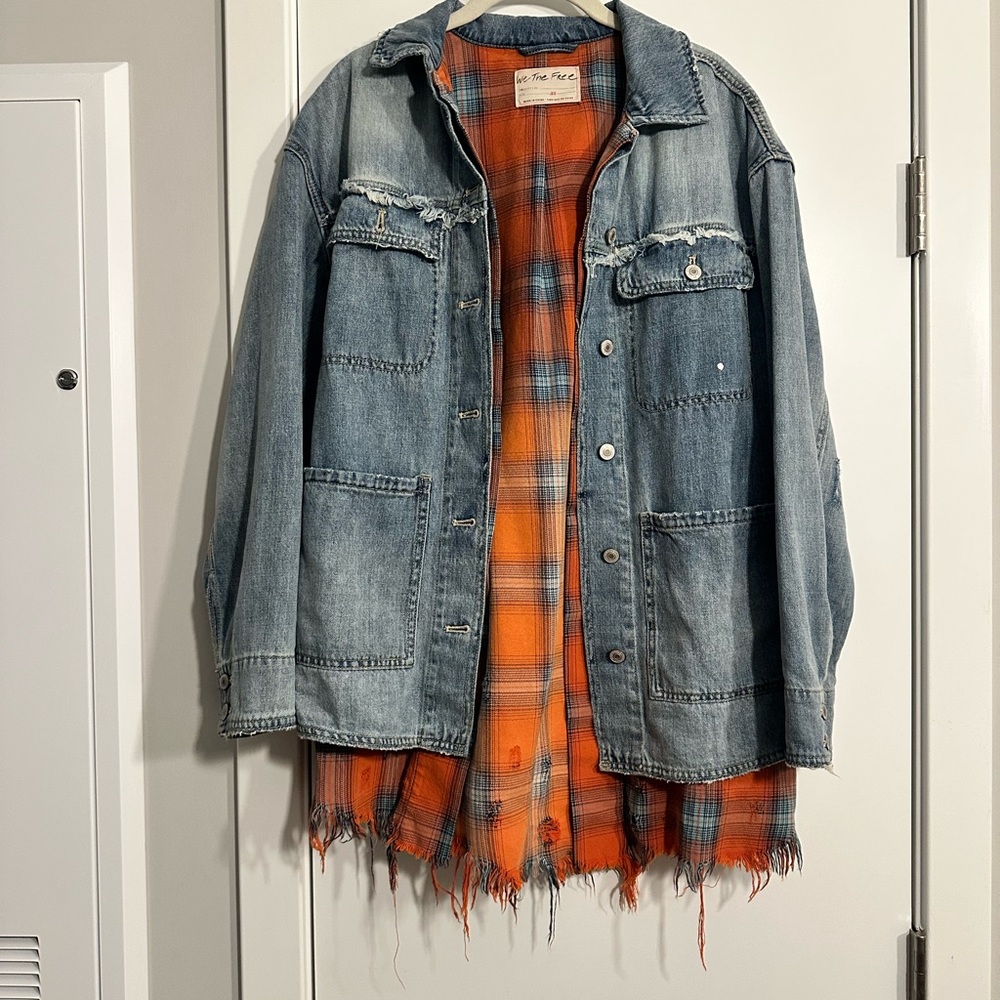 We The Free Blue Jean Jacket with Orange Plaid Lining